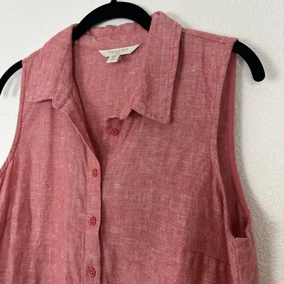 Garnet Hill Shirt Dress Women 10 Petite Classic Linen Flax Poppy Red Chambray - Picture 6 of 13